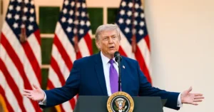 The image shows a person speaking at a podium with the seal of the President of the United States, with American flags in the background.