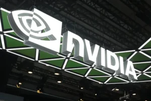 The image shows the NVIDIA logo prominently displayed at an event or trade show.