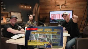 The image shows a podcast or talk show setup with three individuals seated at a table, discussing a topic related to common sense and faith, as indicated by the text and visuals on the screen.