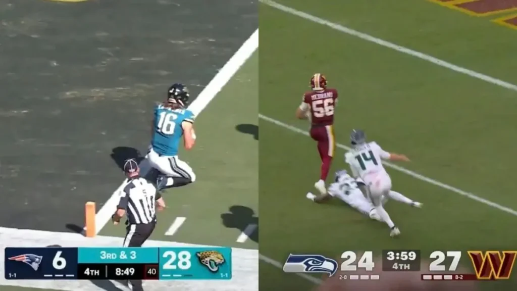 The image shows two separate football game scenes: one where a player in a teal jersey is running towards the end zone, and another where a player in a maroon jersey is being tackled by a player in a white jersey.