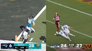 The image shows two separate football game scenes: one where a player in a teal jersey is running towards the end zone, and another where a player in a maroon jersey is being tackled by a player in a white jersey.