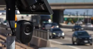 A traffic camera is mounted on a pole, monitoring a busy highway with multiple lanes of moving vehicles.