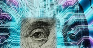 The image depicts a close-up of Benjamin Franklin's face from the U.S. one hundred dollar bill, overlaid with futuristic circuitry and neon colors, symbolizing the intersection of technology and finance.