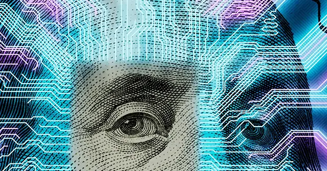 The image depicts a close-up of Benjamin Franklin's face from the U.S. one hundred dollar bill, overlaid with futuristic circuitry and neon colors, symbolizing the intersection of technology and finance.