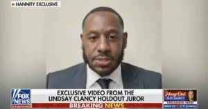 The image shows a news broadcast from Fox News, featuring an exclusive video from a holdout juror in the Lindsay Clancy case.