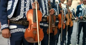 A mariachi band in traditional attire holds violins and other instruments, ready to perform.