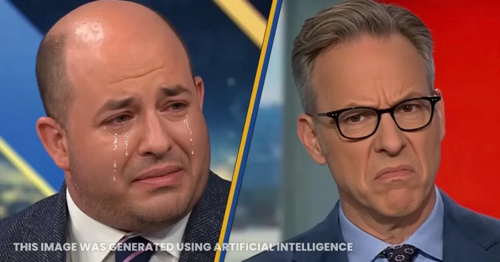 The image shows two individuals in a news broadcast setting, with one appearing to be crying and the other looking concerned.