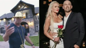 The image shows a man in casual attire standing in front of a large house, and another image of a couple dressed formally, with the man holding a bouquet of red roses.