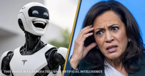 The image shows a side-by-side comparison of a smiling humanoid robot and a person, with a caption indicating the image was generated using artificial intelligence.