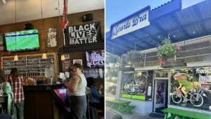The image shows the interior of a bar with a "Black Lives Matter" sign and the exterior of a restaurant named "The Sports Bra," decorated with colorful artwork and flowers.