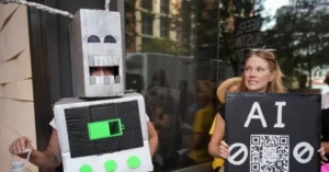 A person dressed as a robot holds a sign with a QR code and symbols, while another person stands nearby holding a sign that reads "AI."