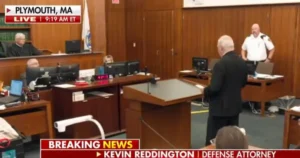 The image shows a courtroom scene in Plymouth, MA, with a defense attorney, Kevin Reddington, presenting a case, as indicated by the on-screen text.