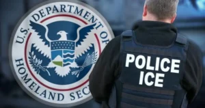 The image shows a law enforcement officer wearing a vest labeled "POLICE ICE" standing in front of the U.S. Department of Homeland Security seal.