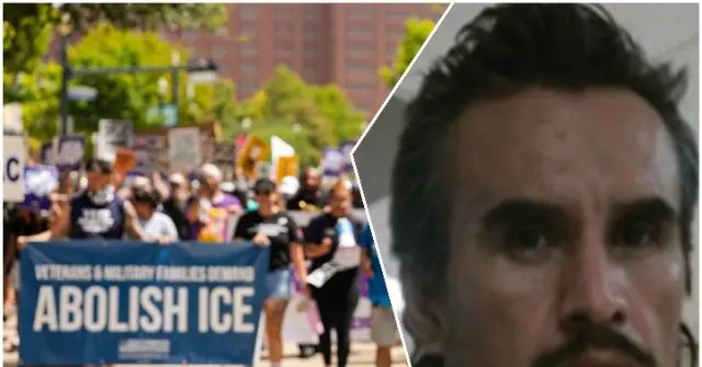 The image shows a protest with a banner reading "ABOLISH ICE" and a close-up of a person's face in the foreground.