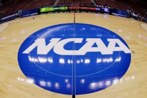 The image shows a basketball court with the NCAA logo prominently displayed, celebrating 75 years of March Madness.