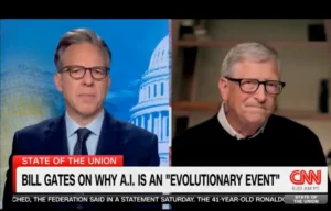 The news photo shows a split-screen interview with Ched Kilpatrick and Bill Gates discussing AI on CNN's "State of the Union."