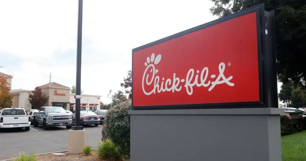 The image shows a Chick-fil-A sign in front of a restaurant with a parking lot full of cars.
