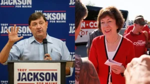 The image shows two political figures, one speaking at a podium with "Troy Jackson for Maine" signage and the other interacting with supporters, both in campaign settings.