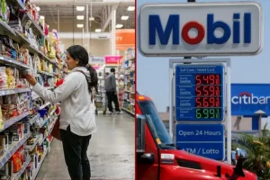 The image juxtaposes a woman shopping in a grocery store with a gas station sign displaying high fuel prices.