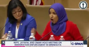 Two congresswomen, Reps. Jayapal and Omar, are seen at a meeting discussing immigration enforcement in Minnesota.