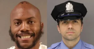 The image shows two individuals, one in a mugshot style and the other in a police uniform, suggesting a contrast between a civilian and a law enforcement officer.