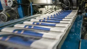 A conveyor belt transports neatly stacked newspapers in a factory setting.