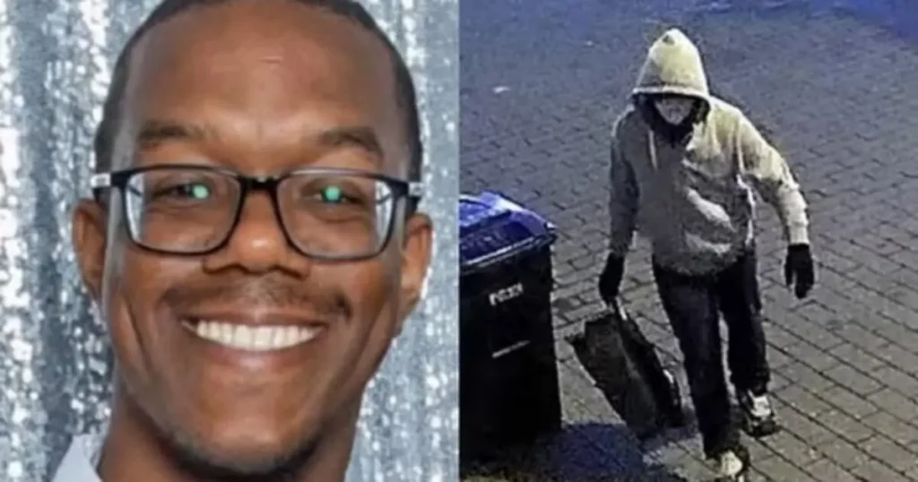 The image juxtaposes a smiling individual with a surveillance photo of a person in a hooded jacket, possibly related to a security incident.