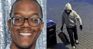 The image juxtaposes a smiling individual with a surveillance photo of a person in a hooded jacket, possibly related to a security incident.
