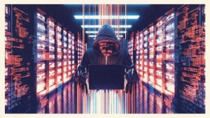 The image depicts a hooded figure in a digital environment, holding a laptop, surrounded by code and data, symbolizing cybercrime or hacking.