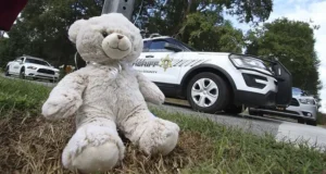 A white teddy bear is placed on the grass near a police car, with another vehicle in the background.