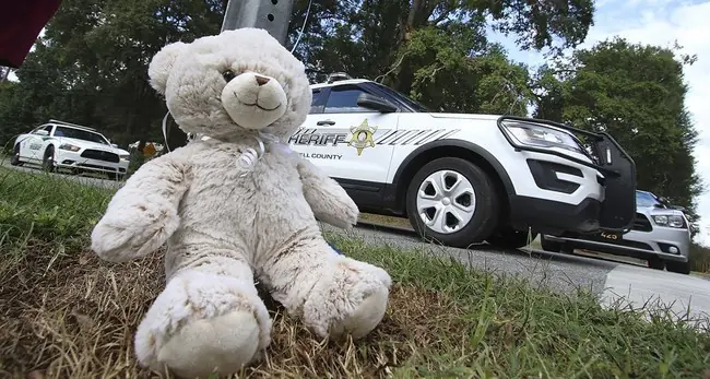 A white teddy bear is placed on the grass near a police car, with another vehicle in the background.