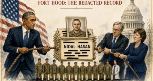 The image depicts a symbolic tug-of-war representing the political debate surrounding the Fort Hood shooting, with figures pulling in opposite directions.