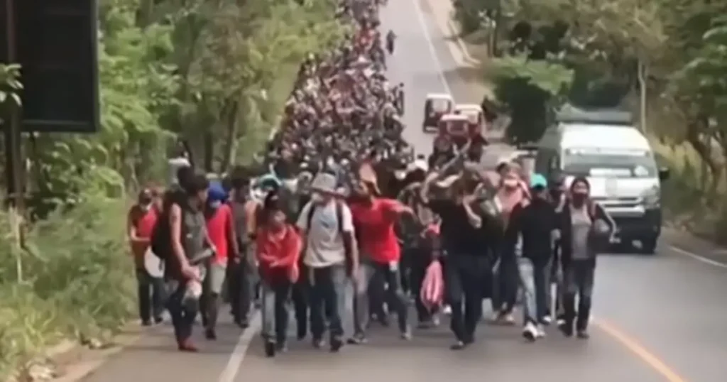 A large group of people is marching down a road, some carrying signs and banners.