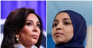 The image shows two individuals, one with long dark hair and the other wearing a blue hijab, both appearing to be in a formal setting.