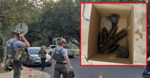 The image shows law enforcement at a crime scene with a box containing various explosive devices, indicating a potential threat or investigation.