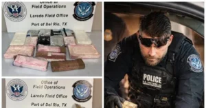 The image shows a U.S. Customs and Border Protection officer examining seized contraband at the Laredo Field Office, Port of Del Rio, TX.
