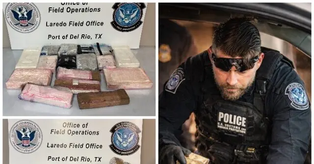 The image shows a U.S. Customs and Border Protection officer examining seized contraband at the Laredo Field Office, Port of Del Rio, TX.