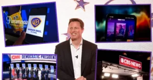 The image shows a news anchor presenting a segment with visuals of media logos and a Democratic presidential debate stage.