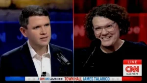 The image shows two individuals participating in a live CNN Town Hall event, with the text "A CNN AND Jubilee TOWN HALL JAMES TALARICO" displayed at the bottom.
