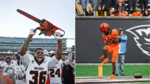 The photo captures a celebratory moment with a football player holding a chainsaw and another player celebrating a touchdown.