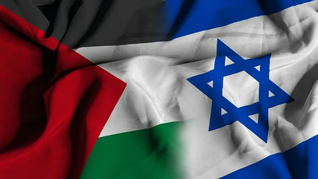 The image shows the flags of Israel and Palestine, symbolizing the complex relationship and ongoing conflict between the two nations.