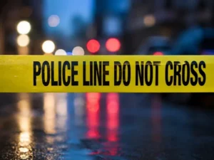 A "POLICE LINE DO NOT CROSS" tape is prominently displayed on a wet street at night, with blurred lights in the background.