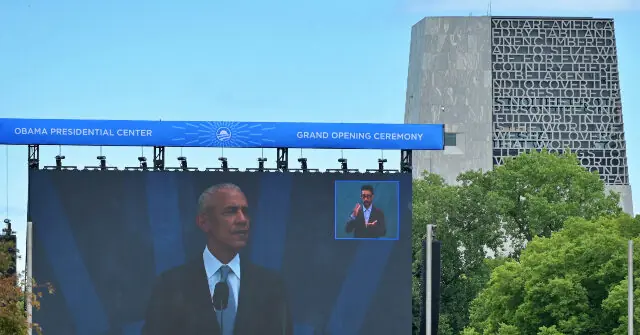 The image captures the grand opening ceremony of the Obama Presidential Center, with a large screen displaying a speaker and a smaller inset showing another individual.