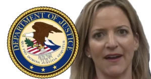 The image features the seal of the Department of Justice alongside a person, likely in a professional or official context.