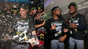 The photo captures the celebratory moment of the Milwaukee Brewers' National League Championship victory, with players celebrating and enjoying champagne.