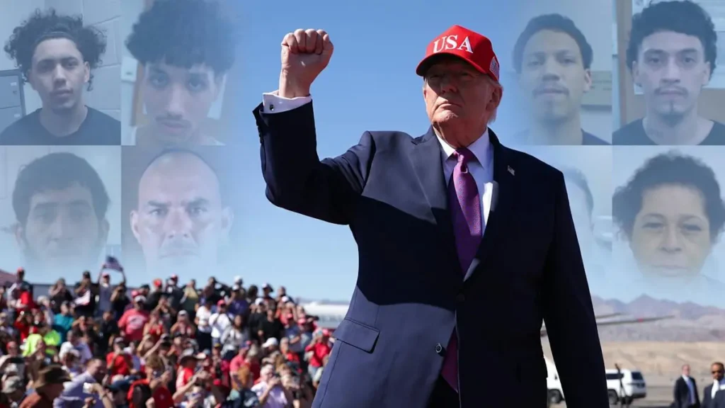 The image depicts a public figure in a suit and red "USA" hat raising a fist in front of a backdrop featuring multiple individuals' faces, with a crowd of people in the foreground.