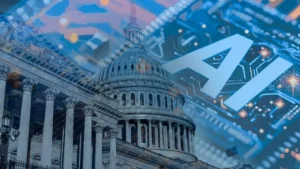 The image depicts the U.S. Capitol building with a futuristic AI-themed overlay, symbolizing the intersection of technology and governance.