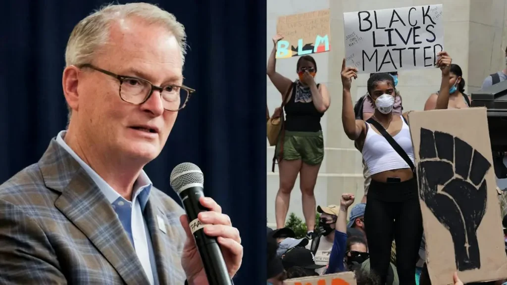 The image juxtaposes a man speaking into a microphone with a protest scene featuring individuals holding signs that read "BLM" and "Black Lives Matter."
