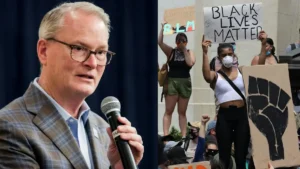 The image juxtaposes a man speaking into a microphone with a protest scene featuring individuals holding signs that read "BLM" and "Black Lives Matter."