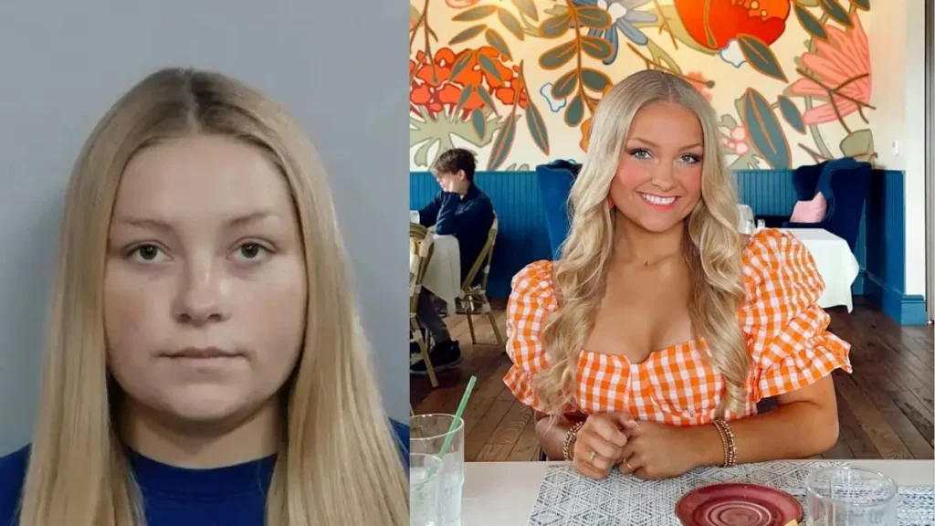The image shows two different scenes: on the left, a person with long blonde hair is against a plain background, and on the right, a person with long blonde hair is sitting at a table in a brightly decorated room with floral wallpaper.